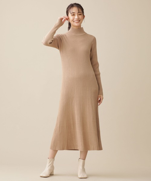 NANO universe（ナノユニバース）の「タートルフレアリブニットワンピース 長袖（ワンピース・レディース・ブラック/ベージュ/レンガ・FREE）」の4枚目の写真