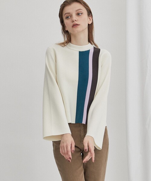 WRAPINKNOT（ラッピンノット）の「【WRAPINKNOT(ラッピンノット)】《STUDIOUS別注》マルチカラーラインニット LPO27（ニット/セーター・レディース・ホワイト/ブラック/ホワイト系その他・FREE）」の2枚目の写真