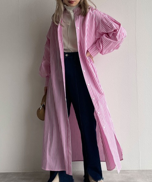 w closet（ダブルクローゼット）の「先染めストライプシャツワンピース（シャツワンピース・レディース・ピンク/グリーン/ブラック・FREE）」の3枚目の写真