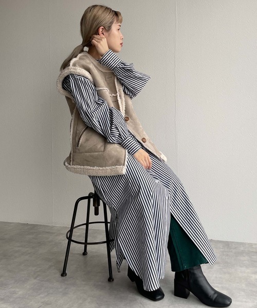 w closet（ダブルクローゼット）の「先染めストライプシャツワンピース（シャツワンピース・レディース・ピンク/グリーン/ブラック・FREE）」の11枚目の写真