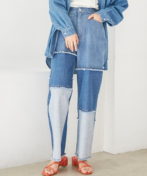LAVEANGE（ラビアンジェ）の「パッチワークデニムパンツ（デニムパンツ・レディース・ブルー/ブラック・4L/3L/M/L/LL）」の10枚目の写真