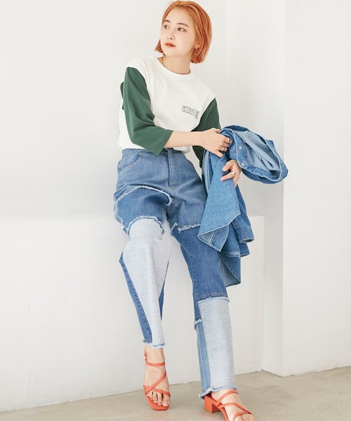 LAVEANGE（ラビアンジェ）の「パッチワークデニムパンツ（デニムパンツ