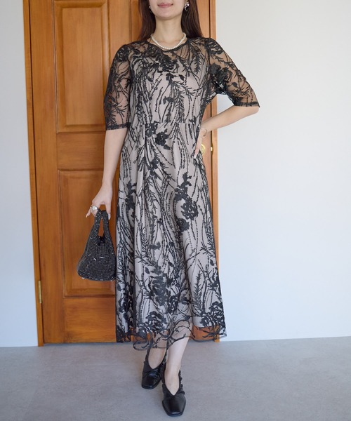 総レース バックリボン 結婚式 パーティー オケージョン ドレス (S,M,L