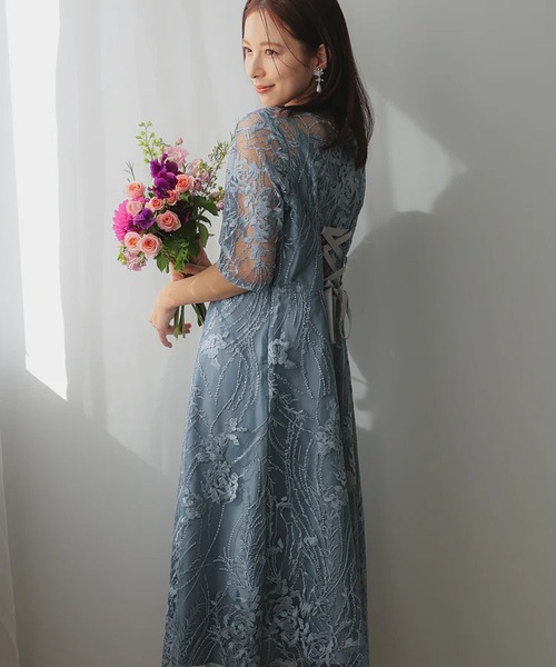 総レース バックリボン 結婚式 パーティー オケージョン ドレス (S,M,L