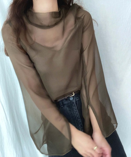 LAUIR（ラウアー）の「2wayファスナースリットスリーブシアーブラウス（シャツ/ブラウス・レディース・ブラック/ブラウン/アイボリー/ラベンダー/カーキ/ベージュ/ライトピンク/ホワイト・MEDIUM/LARGE/SMALL）」の20枚目の写真