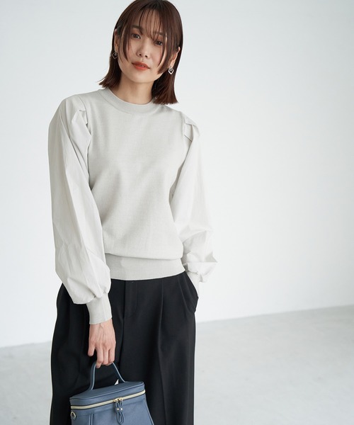 ROPE' PICNIC(ロペピクニック)の「アンチピリングバックパール袖異素材ニットプルオーバー(ニット/セーター・レディース・ダークパープル/ライトグレー/ブラック・38)」の3枚目の写真