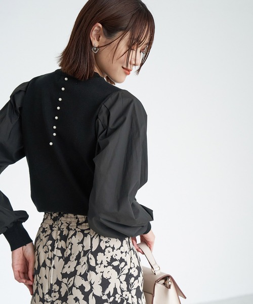 ROPE' PICNIC(ロペピクニック)の「アンチピリングバックパール袖異素材ニットプルオーバー(ニット/セーター・レディース・ダークパープル/ライトグレー/ブラック・38)」の2枚目の写真