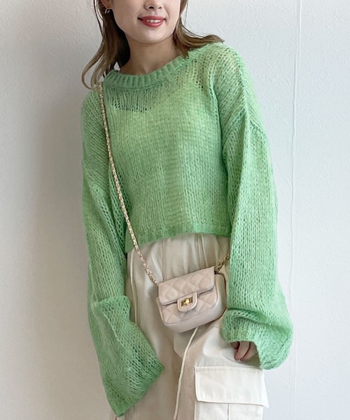 w closet（ダブルクローゼット）の「モヘア混ショートクルーネックプルオーバー（ニット/セーター・レディース・ピンク/イエロー/グリーン・FREE）」の2枚目の写真