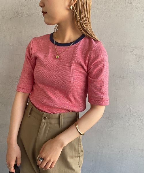 MILLER（ミラー）の「【CanCan 9月号掲載】[MILLER/ミラー] 別注 配色ボーダー 5分袖クルーネックTシャツ（Tシャツ/カットソー・レディース・ピンク/レッド/ブルー/ブラウン/ダークブラウン/イエロー・F）」の6枚目の写真