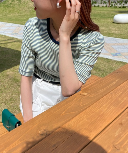 MILLER（ミラー）の「【CanCan 9月号掲載】[MILLER/ミラー] 別注 配色ボーダー 5分袖クルーネックTシャツ（Tシャツ/カットソー・レディース・ピンク/レッド/ブルー/ブラウン/ダークブラウン/イエロー・F）」の4枚目の写真