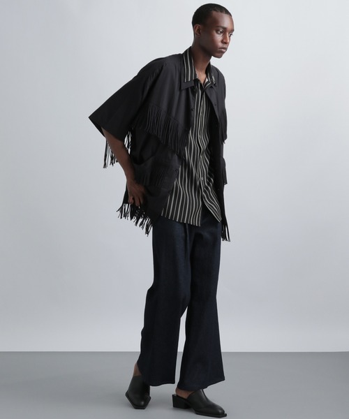 HARE（ハレ）の「トロミストライプシャツ(HARE)（シャツ/ブラウス・メンズ・パープル/ブラック/オフホワイト/ブルー/カーキ・FREE）」の9枚目の写真