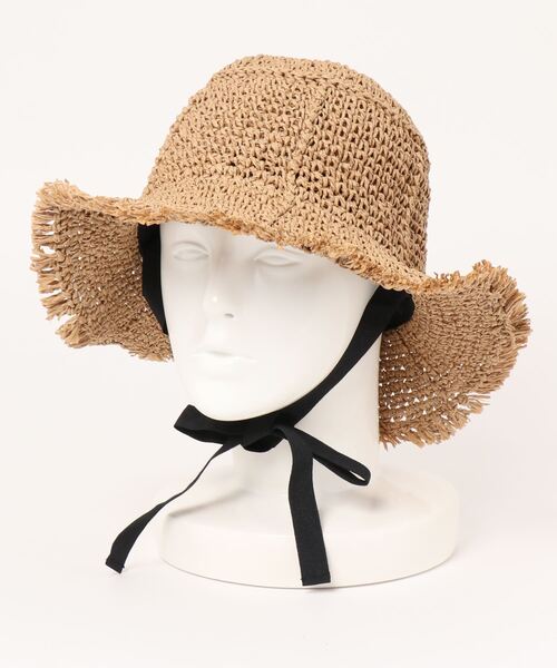 mimis（ミイーミイーズ）の「ペーパーコマ編みパネルフリンジヒモ付きハット（ハット・レディース・ブラック/ナチュラル/ベージュ・FREE）」の2枚目の写真
