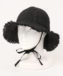 ペーパーコマ編みパネルフリンジヒモ付きハット