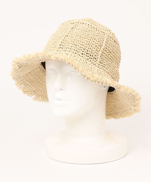 mimis（ミイーミイーズ）の「ペーパーコマ編みパネルフリンジヒモ付きハット（ハット・レディース・ブラック/ナチュラル/ベージュ・FREE）」の3枚目の写真