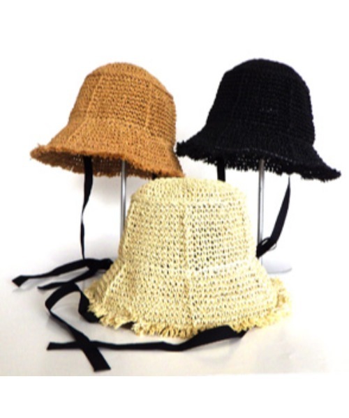 mimis（ミイーミイーズ）の「ペーパーコマ編みパネルフリンジヒモ付きハット（ハット・レディース・ブラック/ナチュラル/ベージュ・FREE）」の6枚目の写真