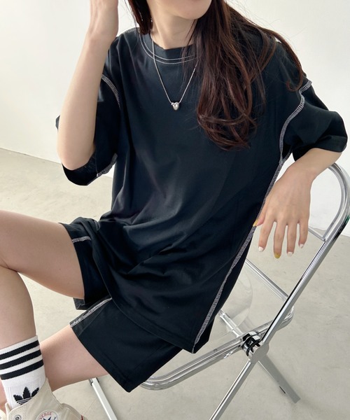 セール】ステッチデザイン無地セットアップルームウェア リラックス