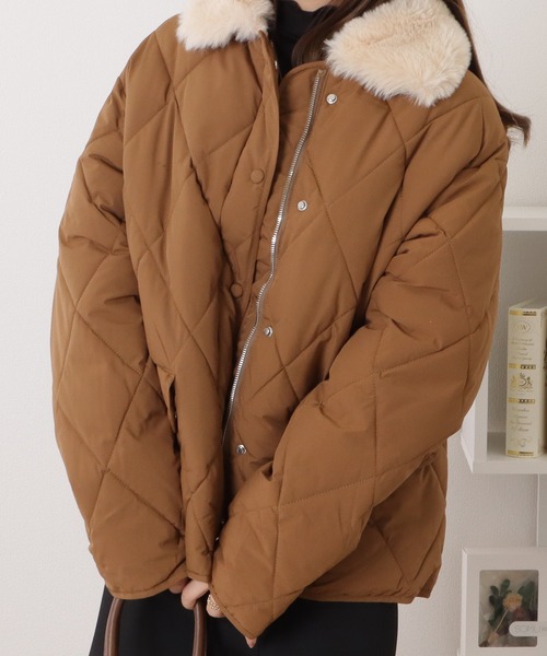 セール】ファーカラー中綿キルティングジャケット（ダウンジャケット