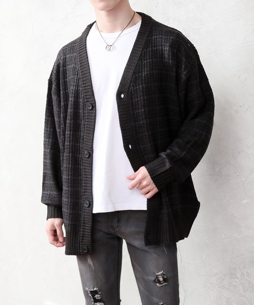 TopIsm（トップイズム）の「ルーズシルエット ツイード編み Vネックカーデ（ニット/セーター・メンズ・グリーン/ブラウン/グレイッシュベージュ/ブルー/ブラック・M/L）」の2枚目の写真