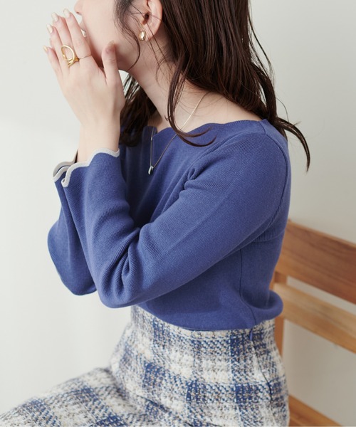 natural couture(ナチュラルクチュール)の「袖口配色スカラップニット(ニット/セーター・レディース・ピンク系その他/ライトベージュ/ブルー系その他/パープル系その他/オフホワイト/ネイビー・FREE)」の5枚目の写真
