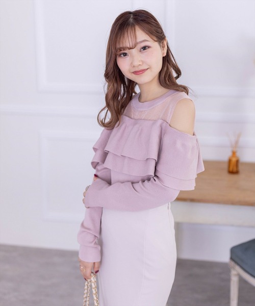 clear（クリア）の「シアー切替2段フリル長袖ニットトップス［ヘルシー シースルー 大人 フェミニン］≪再入荷≫（ニット/セーター・レディース・ピンク/ブラック/オフホワイト・F）」の16枚目の写真