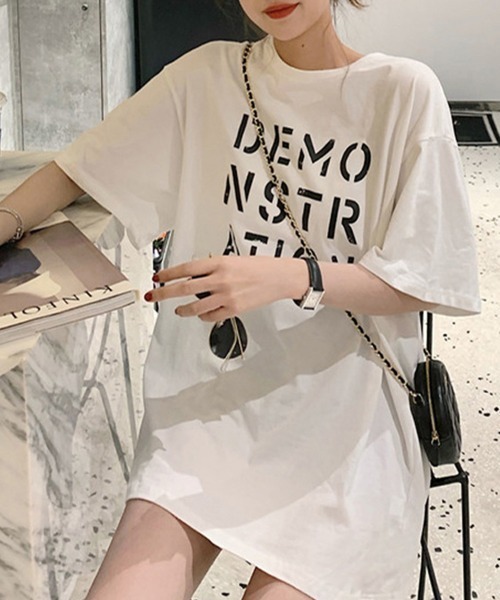 Miniministore(ミニミニストア)の「ロング ロゴtシャツ レディース 半袖(Tシャツ/カットソー・レディース・ブラック/ホワイト/オレンジ/ブルー/ピンク・FREE)」の9枚目の写真