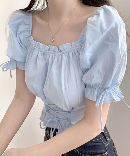 ピンク リボン付きスクエアネック トップス 春服 フロントシャーリング リボン スクエアネック トップス