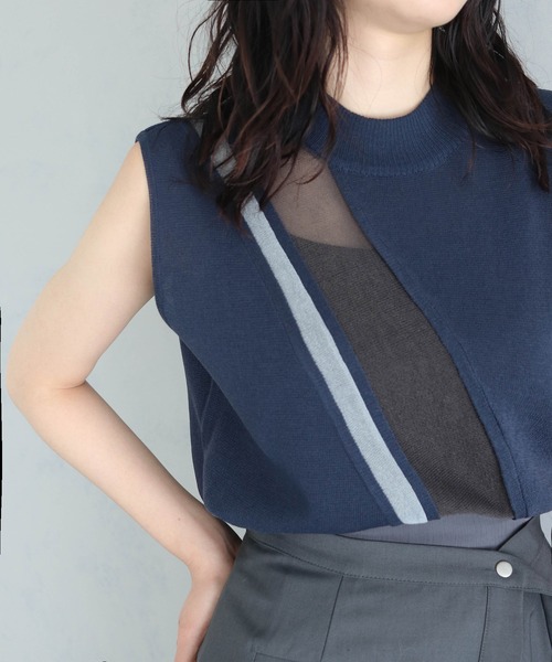 &g'aime（アンジェム）の「【&g'aime】バイカラーシアーラインニットトップス（ニット/セーター・レディース・ブラック/グレイッシュベージュ/グリーン/ネイビー・FREE）」の4枚目の写真