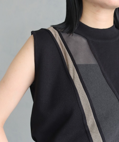 &g'aime（アンジェム）の「【&g'aime】バイカラーシアーラインニットトップス（ニット/セーター・レディース・ブラック/グレイッシュベージュ/グリーン/ネイビー・FREE）」の7枚目の写真