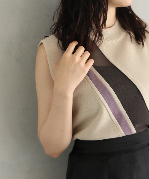 &g'aime（アンジェム）の「【&g'aime】バイカラーシアーラインニットトップス（ニット/セーター・レディース・ブラック/グレイッシュベージュ/グリーン/ネイビー・FREE）」の16枚目の写真