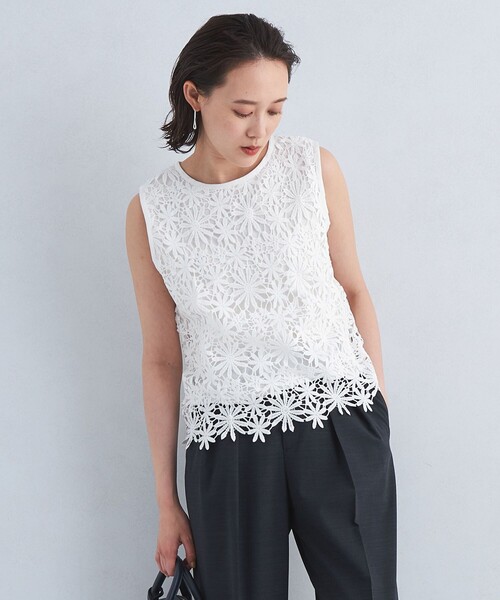 green label relaxing(グリーンレーベルリラクシング)の「レース ドッキング プルオーバー カットソー -吸水速乾-(Tシャツ/カットソー・レディース・ブラック/オフホワイト・FREE)」の1枚目の写真