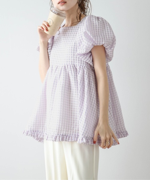 可愛いギンガムポッケ＊22SS nach POCHE VICHY BOUQUET Tシャツ tシャツ ぽわん袖ギンガムチェックトップス レディース