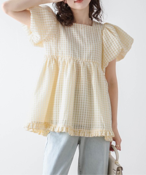 セール】ぽわん袖ギンガムチェックトップス（Tシャツ/カットソー