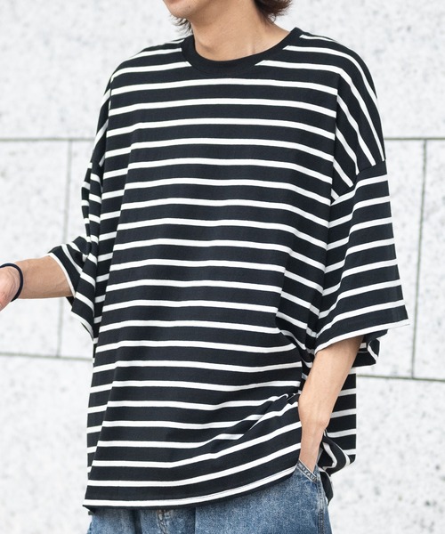 JOHN'S CLOSET（ジョンズクローゼット）の「【40I】マルチボーダー ワイドシルエット 半袖Tシャツ（Tシャツ/カットソー・メンズ・グレー系2/ブラウン系1/ベージュ系1/グリーン系1/ネイビー系2/ブラック系1/グレー系1/ベージュ系2/ネイビー系1/パープル系1/ブルー系1/ホワイト系1・MEDIUM/LARGE/X-LARGE）」の3枚目の写真