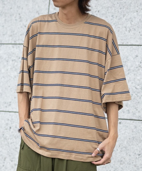 JOHN'S CLOSET（ジョンズクローゼット）の「【40I】マルチボーダー ワイドシルエット 半袖Tシャツ（Tシャツ/カットソー・メンズ・グレー系2/ブラウン系1/ベージュ系1/グリーン系1/ネイビー系2/ブラック系1/グレー系1/ベージュ系2/ネイビー系1/パープル系1/ブルー系1/ホワイト系1・MEDIUM/LARGE/X-LARGE）」の6枚目の写真