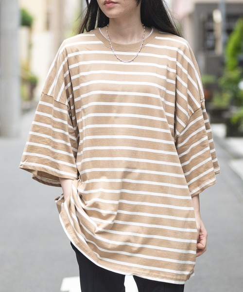 JOHN'S CLOSET（ジョンズクローゼット）の「【40I】マルチボーダー ワイドシルエット 半袖Tシャツ（Tシャツ/カットソー・メンズ・グレー系2/ブラウン系1/ベージュ系1/グリーン系1/ネイビー系2/ブラック系1/グレー系1/ベージュ系2/ネイビー系1/パープル系1/ブルー系1/ホワイト系1・MEDIUM/LARGE/X-LARGE）」の7枚目の写真