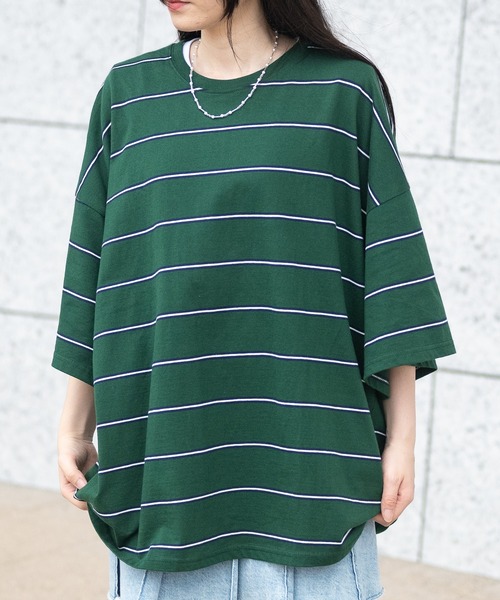 JOHN'S CLOSET（ジョンズクローゼット）の「【40I】マルチボーダー ワイドシルエット 半袖Tシャツ（Tシャツ/カットソー・メンズ・グレー系2/ブラウン系1/ベージュ系1/グリーン系1/ネイビー系2/ブラック系1/グレー系1/ベージュ系2/ネイビー系1/パープル系1/ブルー系1/ホワイト系1・MEDIUM/LARGE/X-LARGE）」の8枚目の写真