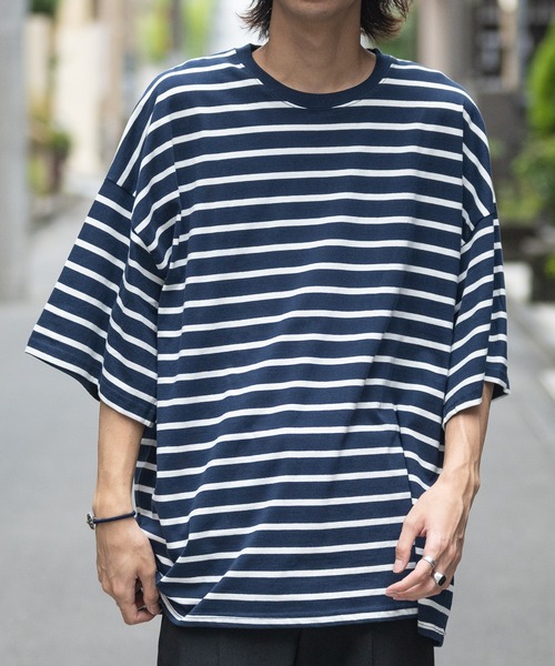 JOHN'S CLOSET（ジョンズクローゼット）の「【40I】マルチボーダー ワイドシルエット 半袖Tシャツ（Tシャツ/カットソー・メンズ・グレー系2/ブラウン系1/ベージュ系1/グリーン系1/ネイビー系2/ブラック系1/グレー系1/ベージュ系2/ネイビー系1/パープル系1/ブルー系1/ホワイト系1・MEDIUM/LARGE/X-LARGE）」の10枚目の写真