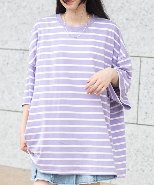 JOHN'S CLOSET（ジョンズクローゼット）の「【40I】マルチボーダー ワイドシルエット 半袖Tシャツ（Tシャツ/カットソー・メンズ・グレー系2/ブラウン系1/ベージュ系1/グリーン系1/ネイビー系2/ブラック系1/グレー系1/ベージュ系2/ネイビー系1/パープル系1/ブルー系1/ホワイト系1・MEDIUM/LARGE/X-LARGE）」の14枚目の写真