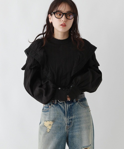 RAGEBLUE（レイジブルー）の「ボリュームスリーブ/コットンフリルブラウス（シャツ/ブラウス・レディース・ブラック/グレー・FREE）」の18枚目の写真