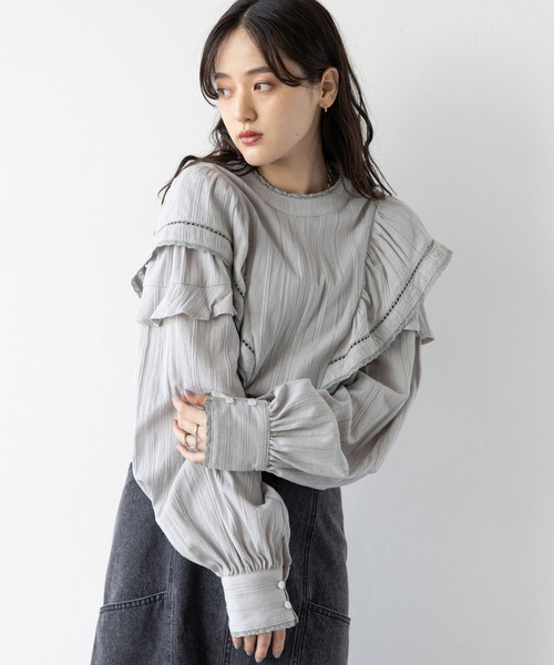 RAGEBLUE（レイジブルー）の「ボリュームスリーブ/コットンフリルブラウス（シャツ/ブラウス・レディース・ブラック/グレー・FREE）」の14枚目の写真