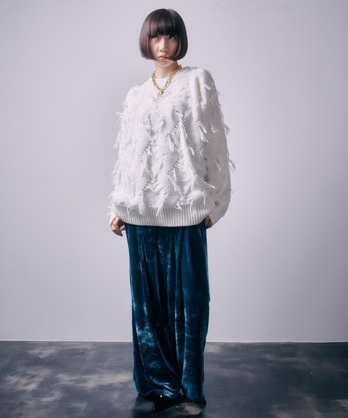 SEN TOKYO（セントーキョー）の「個性際立つフリンジ。格子柄シャギーニット（ニット/セーター・メンズ・ホワイト/ブラック・L/M）」の9枚目の写真