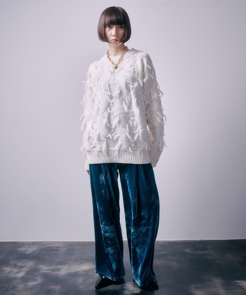 SEN TOKYO（セントーキョー）の「個性際立つフリンジ。格子柄シャギーニット（ニット/セーター・メンズ・ホワイト/ブラック・L/M）」の3枚目の写真