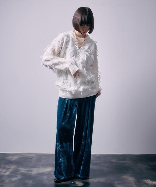 SEN TOKYO（セントーキョー）の「個性際立つフリンジ。格子柄シャギーニット（ニット/セーター・メンズ・ホワイト/ブラック・L/M）」の5枚目の写真