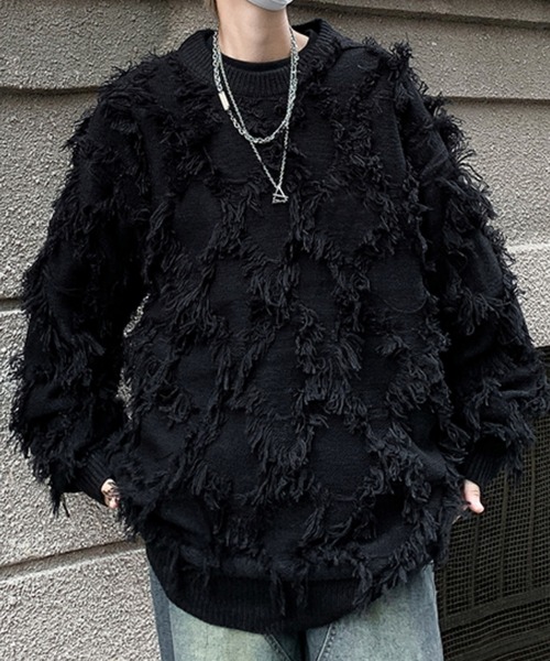 SEN TOKYO（セントーキョー）の「個性際立つフリンジ。格子柄シャギーニット（ニット/セーター・メンズ・ホワイト/ブラック・L/M）」の11枚目の写真