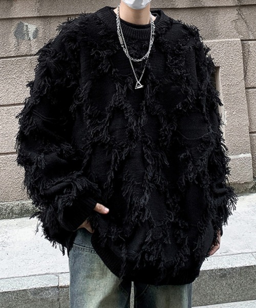 SEN TOKYO（セントーキョー）の「個性際立つフリンジ。格子柄シャギーニット（ニット/セーター・メンズ・ホワイト/ブラック・L/M）」の12枚目の写真