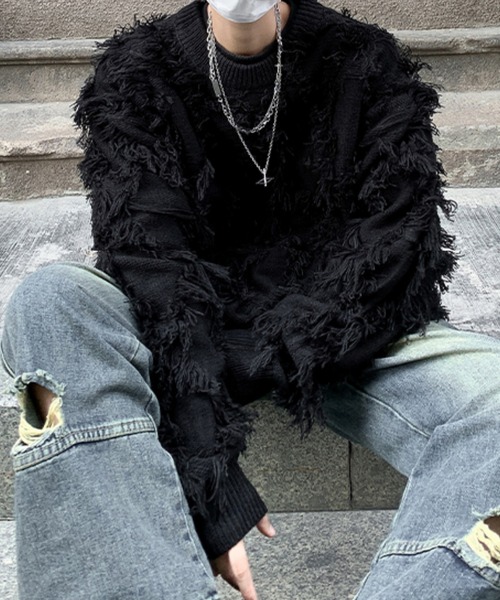 SEN TOKYO（セントーキョー）の「個性際立つフリンジ。格子柄シャギーニット（ニット/セーター・メンズ・ホワイト/ブラック・L/M）」の13枚目の写真