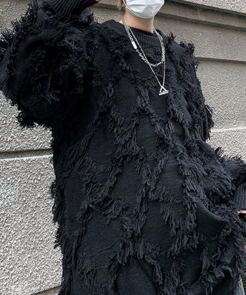 SEN TOKYO（セントーキョー）の「個性際立つフリンジ。格子柄シャギーニット（ニット/セーター・メンズ・ホワイト/ブラック・L/M）」の14枚目の写真