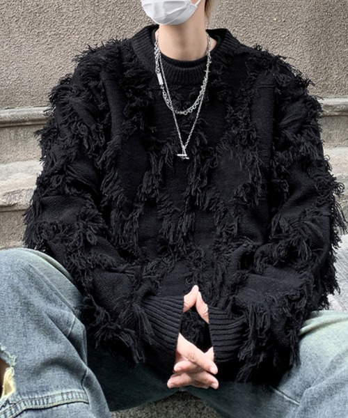 個性際立つフリンジ。格子柄シャギーニット（ニット/セーター