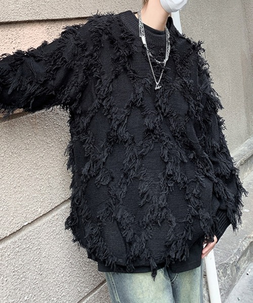 SEN TOKYO（セントーキョー）の「個性際立つフリンジ。格子柄シャギーニット（ニット/セーター・メンズ・ホワイト/ブラック・L/M）」の17枚目の写真
