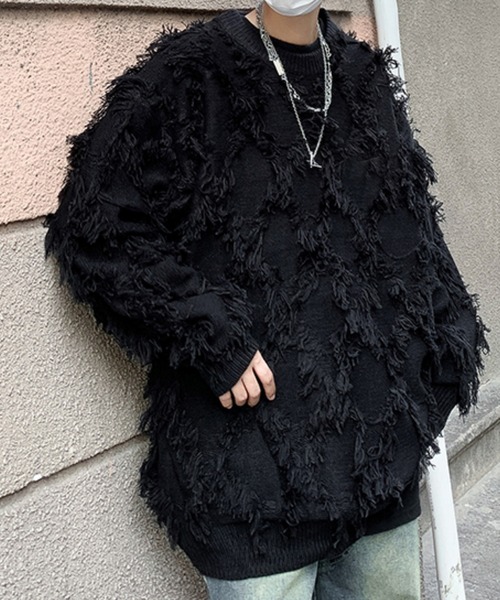 SEN TOKYO（セントーキョー）の「個性際立つフリンジ。格子柄シャギーニット（ニット/セーター・メンズ・ホワイト/ブラック・L/M）」の19枚目の写真
